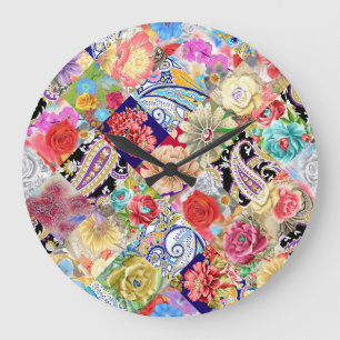 Grande Horloge Ronde Tropical motif floral, couleurs vives.