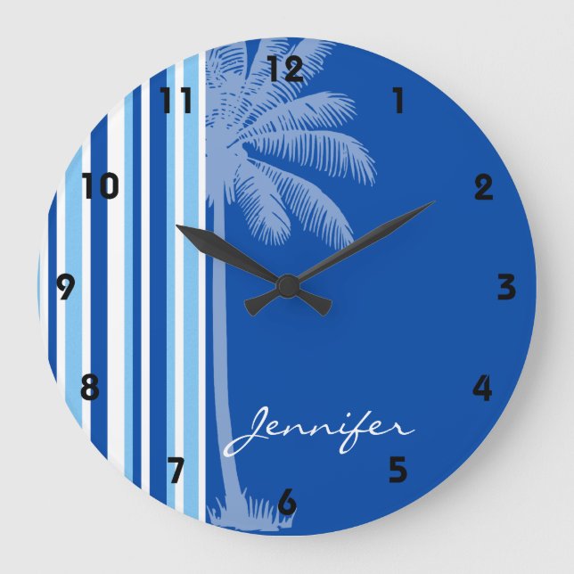 Grande Horloge Ronde Tropical Palm; Blue & White Stripes (Recto)
