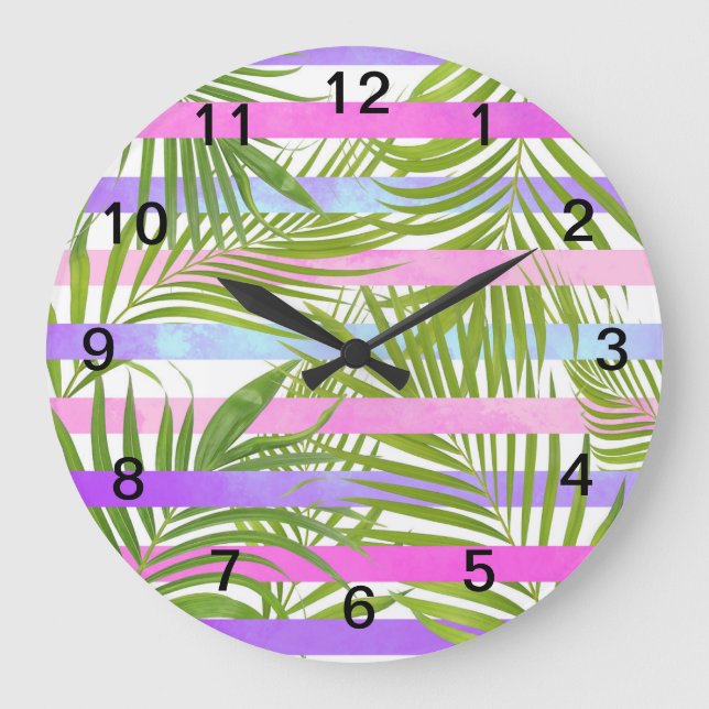 Grande Horloge Ronde Tropical palm trees rodern pink violet stripes (Recto)