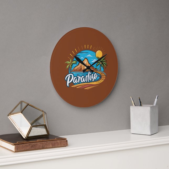 Grande Horloge Ronde Tropical Paradise Island Logo Art (Bureau)