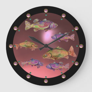 Grande Horloge Ronde TRUITES ARC-EN-CIEL COLORÉES SOUS L'EAU Rose