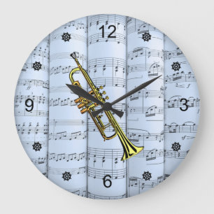 Grande Horloge Ronde Trumpet~Partition roulée~Arrière - plan Tint Bleu 