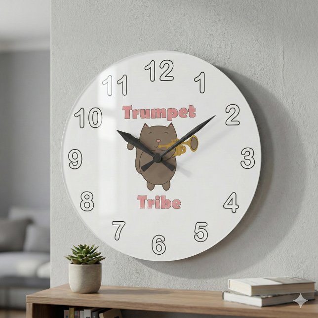 Grande Horloge Ronde Trumpet Tribe Cat Pink Letters (A clock featuring a brown cat playing the trumpet with the words trumpet tribe.)