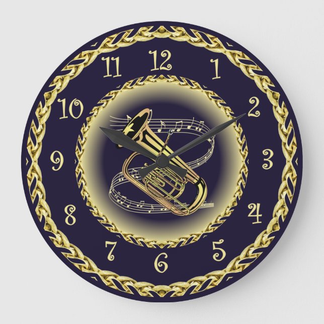 Grande Horloge Ronde Tuba Musical Scroll ~ Gold et Navy Blue ~ (Recto)