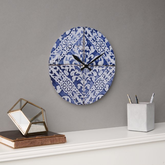 Grande Horloge Ronde Tuiles portugaises - Azulejo Floral bleu et blanc (Bureau)