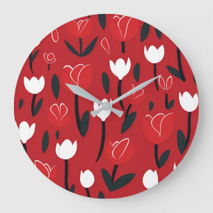 Grande Horloge Ronde Tulipe Florale Rouge et Blanche Printemps