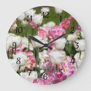 Grande Horloge Ronde Tulipes blanches et roses brillantes par jour enso