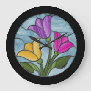 Grande Horloge Ronde Tulipes en verre tendu aux couleurs du printemps