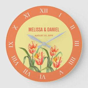 Grande Horloge Ronde Tulipes perroquets jaunes Fleur Nombres romains