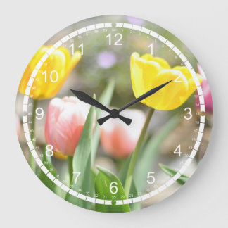 Grande Horloge Ronde Tulipes roses et jaunes