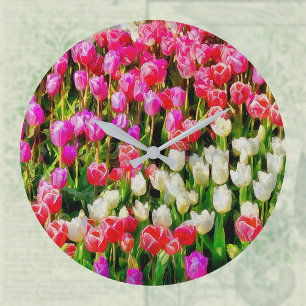 Grande Horloge Ronde Tulipes roses rouges et blanches du Mont Vernon