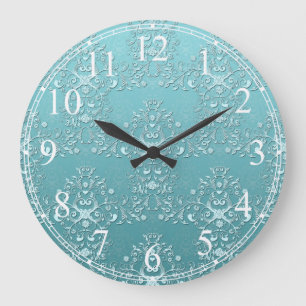 Grande Horloge Ronde Turbine de teinte sarcelle aqua turquoise et damas