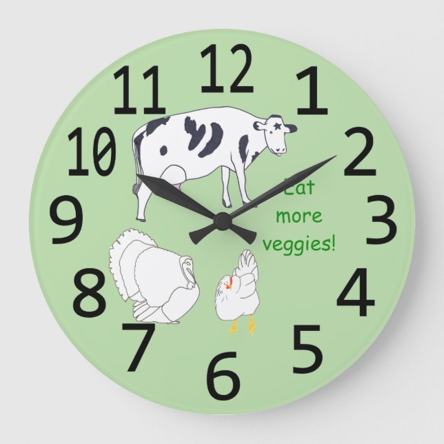 Grande Horloge Ronde Turkey Cow Chicken Eat more Veggies Wall Clocks (Recto)