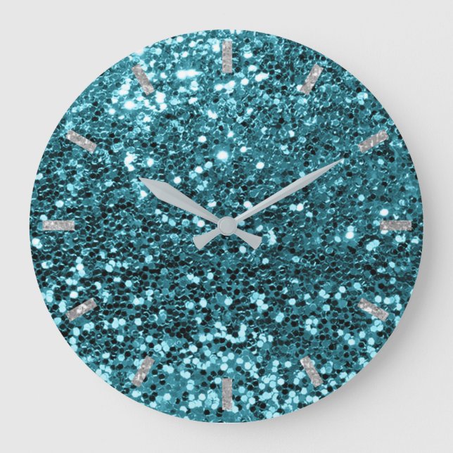 Grande Horloge Ronde Turquoise Aqua Blue Sparkly Faux Parties scintilla (Recto)