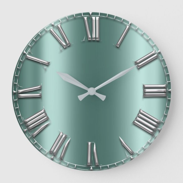 Grande Horloge Ronde Turquoise Aqua Mint Gris Gris Argent Romain Numéro (Recto)