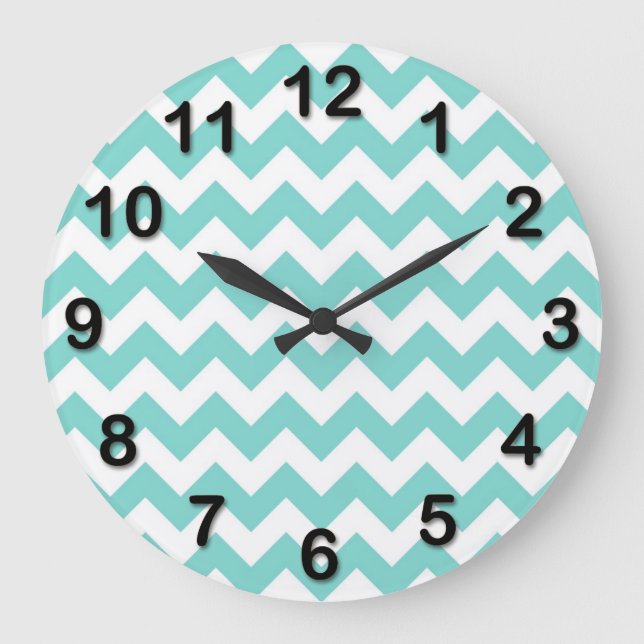 Grande Horloge Ronde Turquoise Aqua White Chevron Zig Zag Pattern (Recto)
