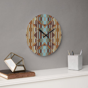 Grande Horloge Ronde Turquoise Bleu Canard Orange Marron Art Tribal