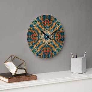Grande Horloge Ronde Turquoise Bleu Orange Jaune Vert Hip Bohème Art