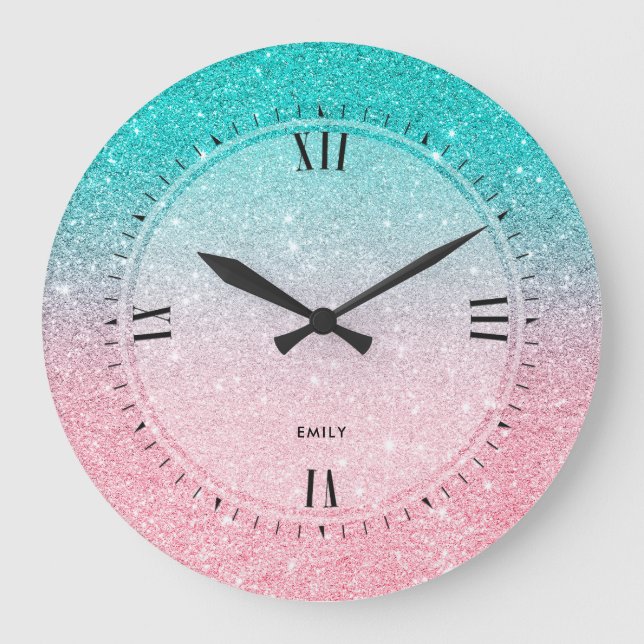 Grande Horloge Ronde Turquoise-Bleu & Parties scintillant rose Saumon (Recto)