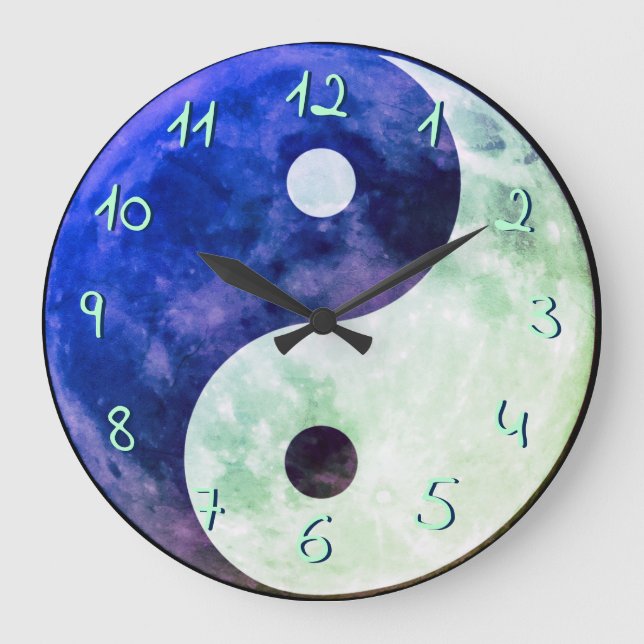Grande Horloge Ronde Turquoise bleu vert Yin Yang Lune chiffres europée (Recto)