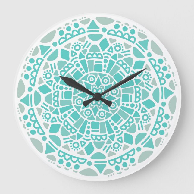 Grande Horloge Ronde Turquoise Blue Mosaic Fresh White Boho Mandala (Recto)