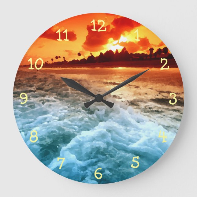 Grande Horloge Ronde Turquoise Blue Ocean Surf Orange Sunset (Recto)