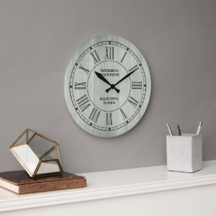 Grande Horloge Ronde Turquoise Bois Rustique Chiffres Romains Plage