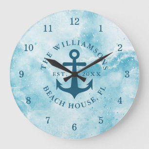 Grande Horloge Ronde Turquoise côtier personnalisé Blue Aqua Beach Hous