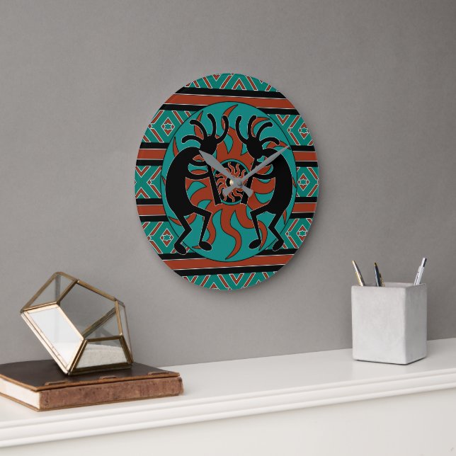 Grande Horloge Ronde Turquoise Design Sud-Ouest Kokopelli (Bureau)