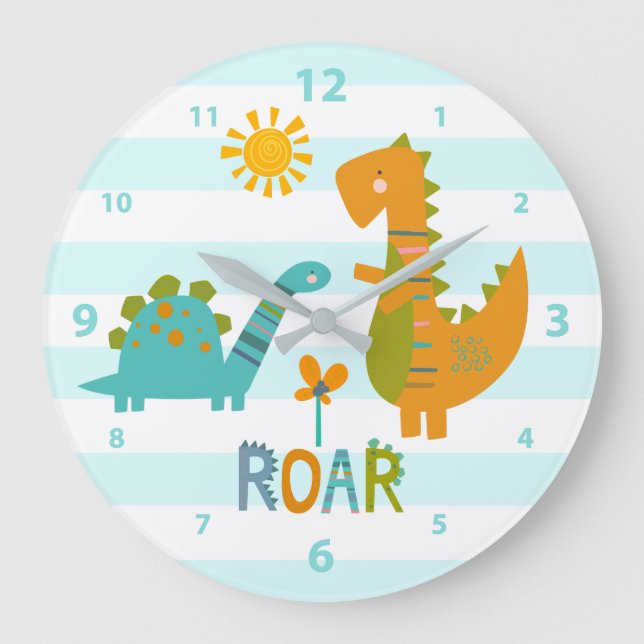 Grande Horloge Ronde Turquoise Dinosaur Boy Nursery Roar Kawaii Cute (Recto)