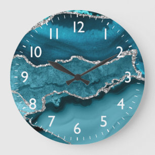 Grande Horloge Ronde Turquoise et Faux Argent Parties scintillant Marbr