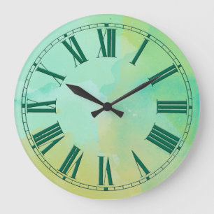 Grande Horloge Ronde Turquoise et Gold Watercolor Effect