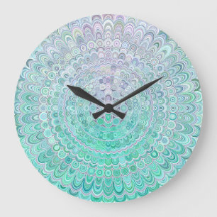 Grande Horloge Ronde Turquoise Fleur de glace Mandala