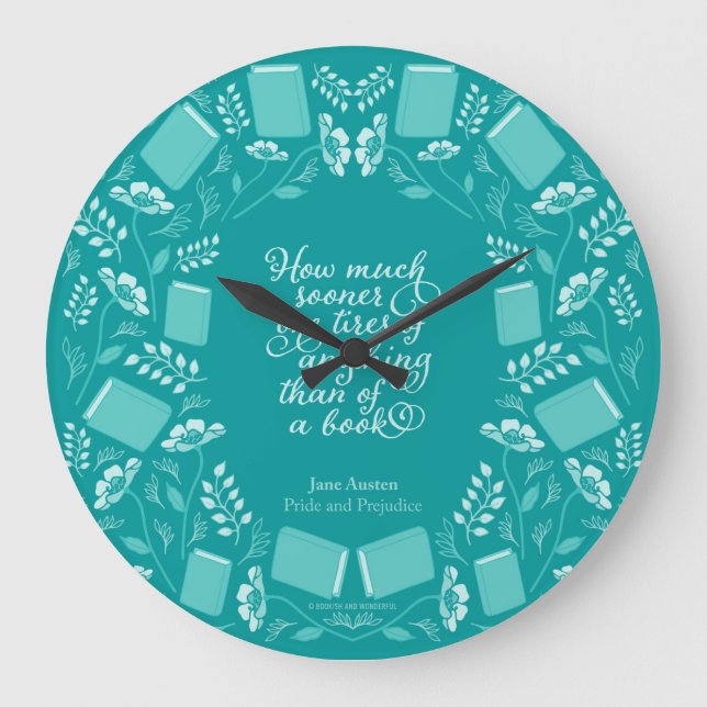 Grande Horloge Ronde Turquoise Floral Fierté & Préjugés Citation du liv (Recto)
