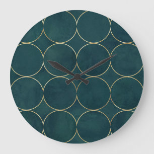 Grande Horloge Ronde Turquoise foncé, Cercles d'or Aquarelle.