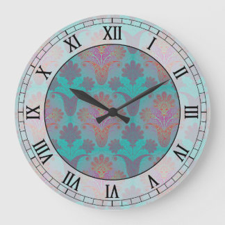 Grande Horloge Ronde turquoise funky et chiffres romains en damas magen
