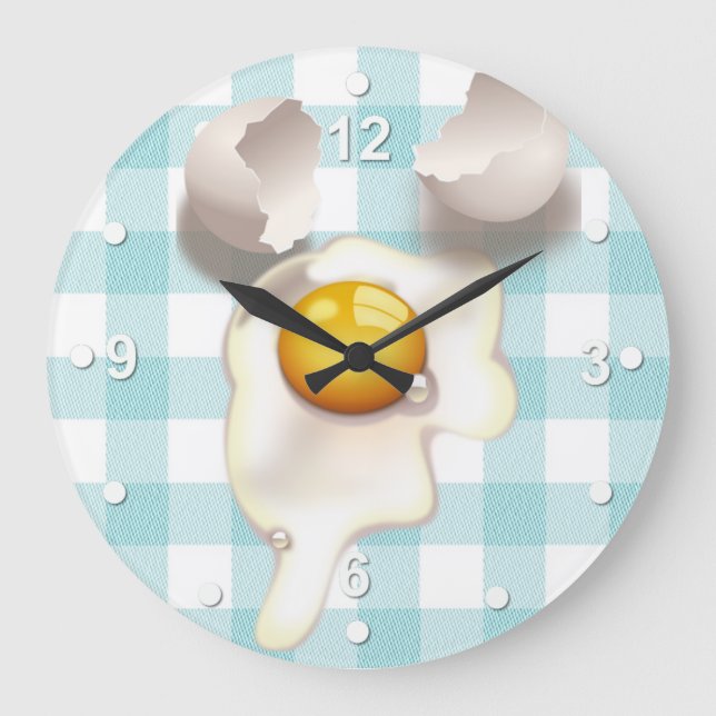 Grande Horloge Ronde Turquoise Gingham Cracked Egg Kitchen Wall Clock (Recto)