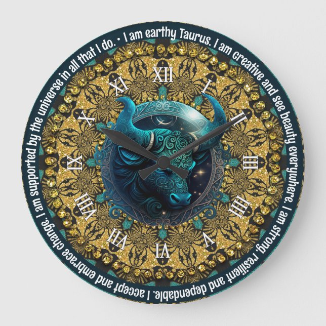 Grande Horloge Ronde Turquoise+Gold Astrologie Affirmations Taurus Zodi (Recto)