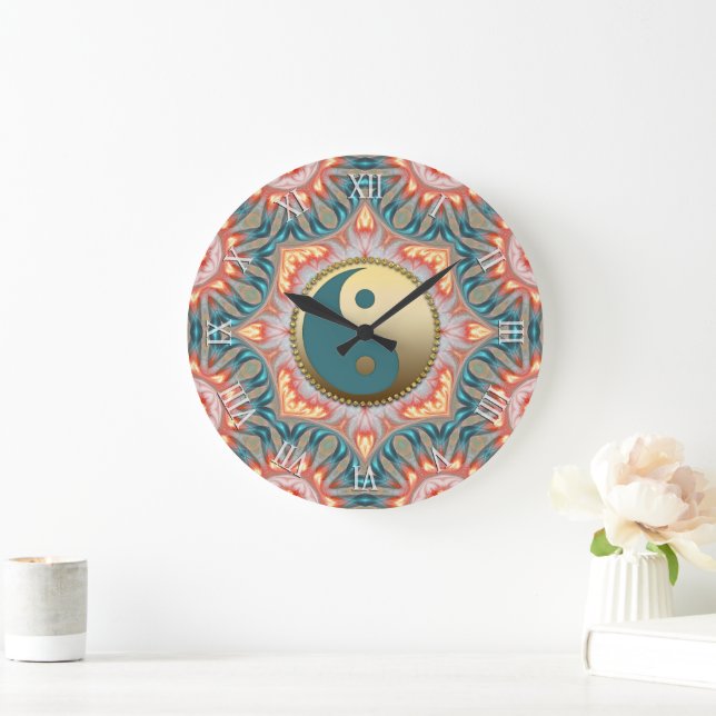 Grande Horloge Ronde Turquoise Gold Yin Yang Feng Shui Fire (Maison)