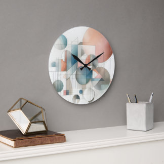 Grande Horloge Ronde Turquoise Gris Bleu Beige Roue Rouge Abstrait Art