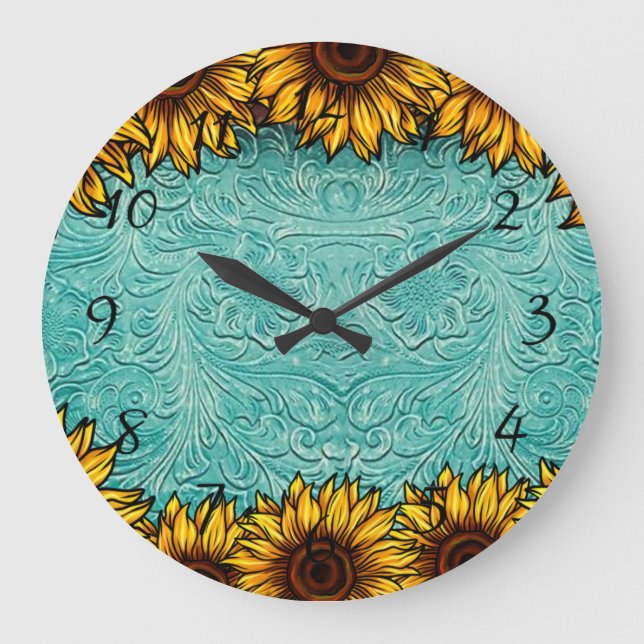 Grande Horloge Ronde Turquoise Leather Tooled Bright Sunny Sunflowers (Recto)