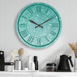 Grande Horloge Ronde Turquoise Parties scintillant Roman Numéral Étince<br><div class="desc">Parties scintillant turquoise Numérique Romain Étincelle Fille Grande Horloge</div>