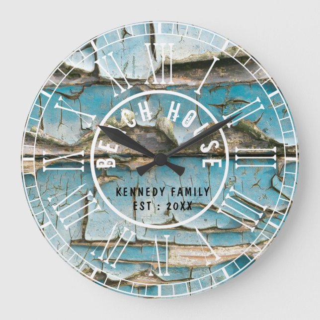 Grande Horloge Ronde Turquoise Peeling Wood Beach House chiffres romain (Recto)