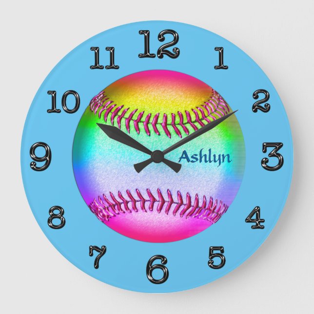 Grande Horloge Ronde Turquoise Softball Clock, YOUR NAME (Recto)