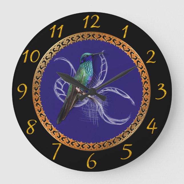 Grande Horloge Ronde Turquoise vert et bleu avec colibri violet  (Recto)