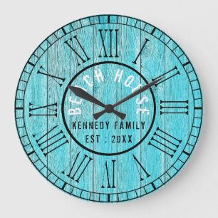 Grande Horloge Ronde Turquoise Wood Beach House Chiffre romain noir