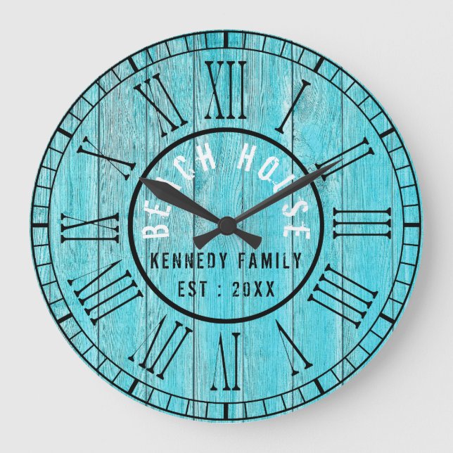 Grande Horloge Ronde Turquoise Wood Beach House Chiffre romain noir (Recto)