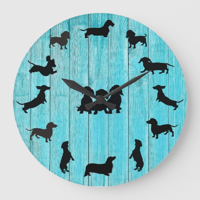 Grande Horloge Ronde Turquoise Wooden Dachshund Silhouette Wall Clock (Recto)