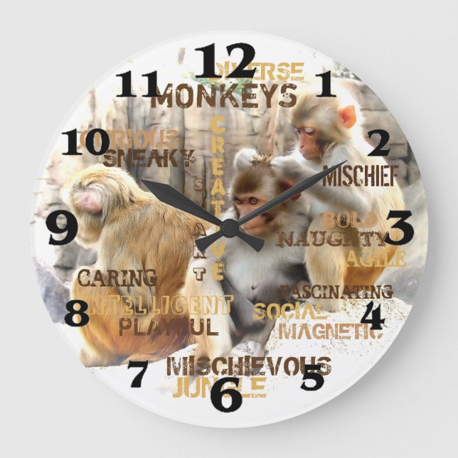 Grande Horloge Ronde Typographie des singes mignons (Recto)
