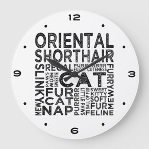 Grande Horloge Ronde Typographie Orientale de Chat Shorthair